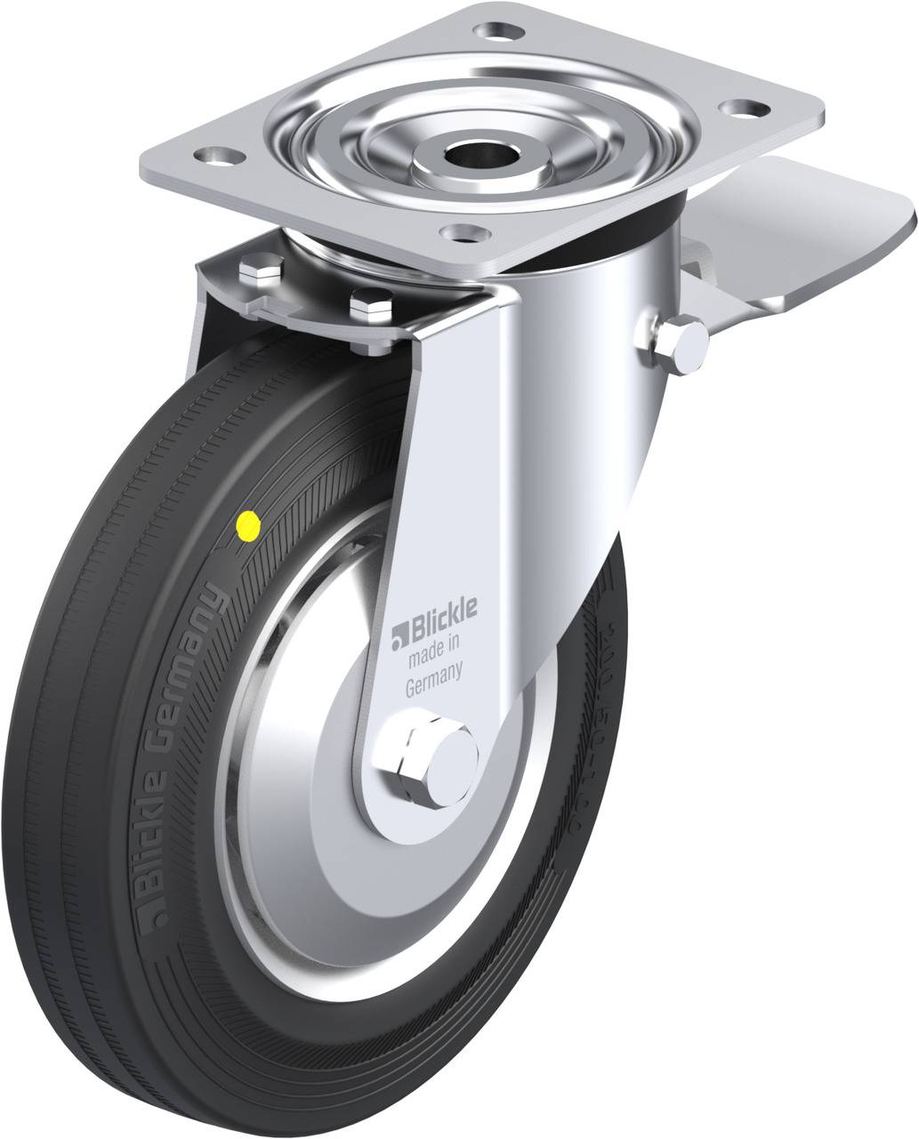 Metallisches Lenkrolle mit schwarzem Reif, silbernem Gehäuse und Bremse. Auf dem Reifen steht 'Blickle made in Germany'.