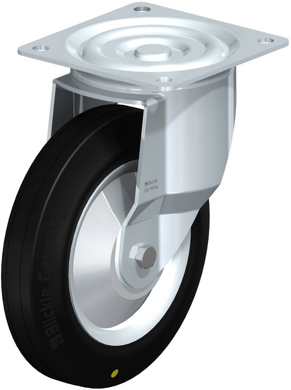 Schwenkrolle aus Metall mit schwarzem Gummirad, geeignet für Möbel oder Geräte, zeigt ein robustes und glattes Design.