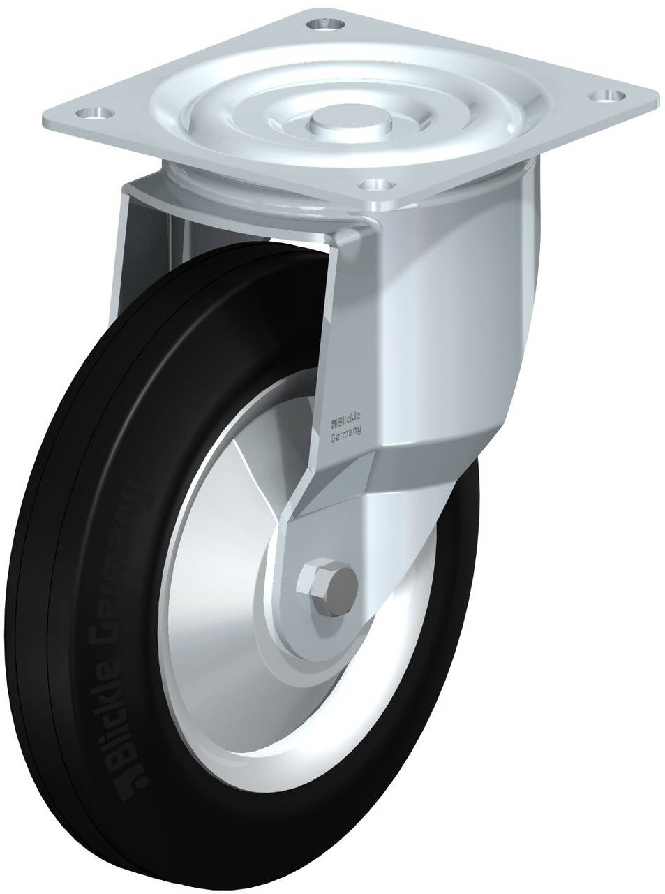 Metallische Lenkrolle mit schwarzem Rad und Befestigungsplatte, geeignet für Möbelfüße oder Transportgeräte.