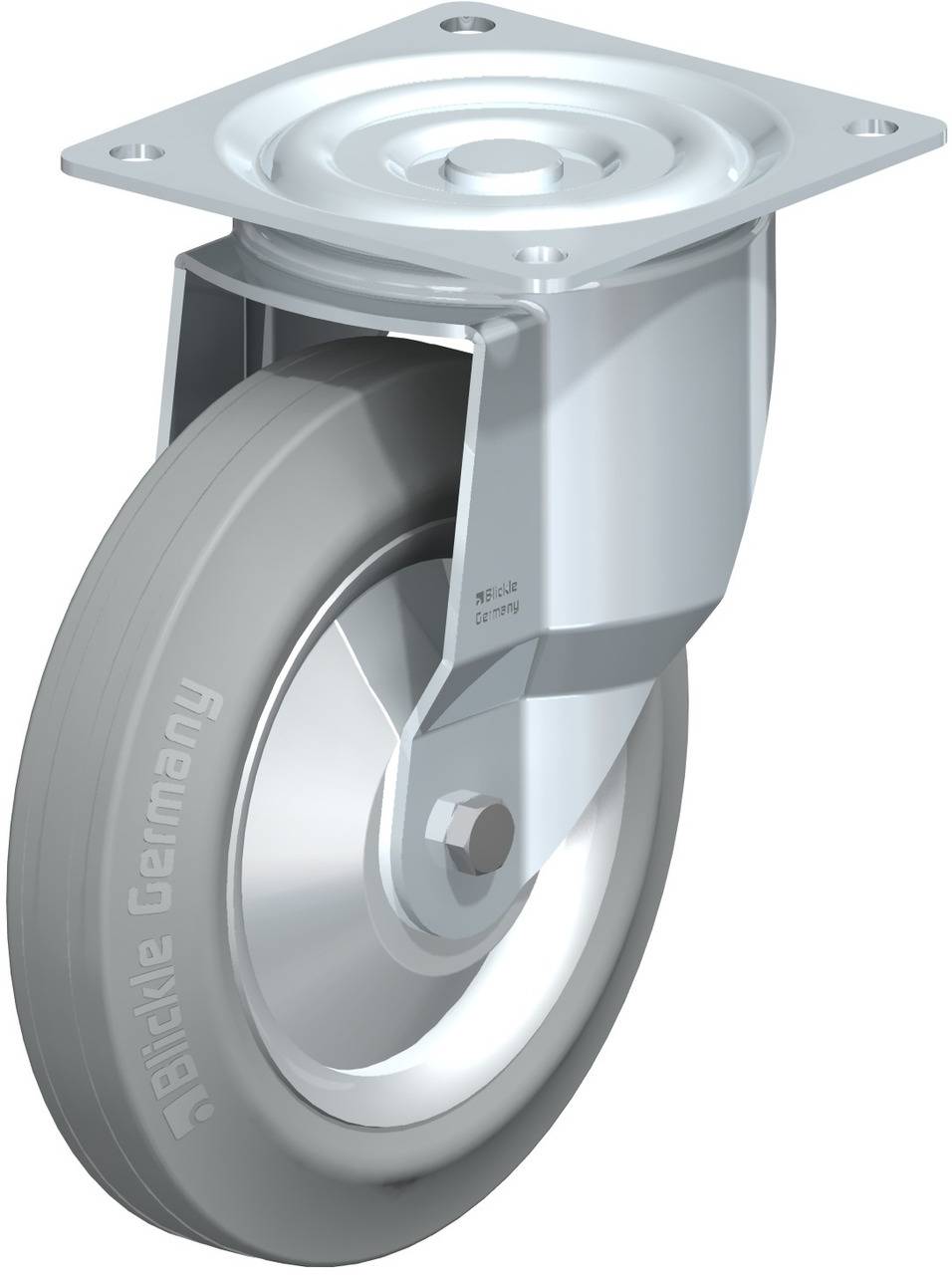 Metallrolle mit grauem Rad und Aufhängungsplatte, geeignet für schwere Lasten. Aufschrift 'Blickle Germany' auf der Radkante.