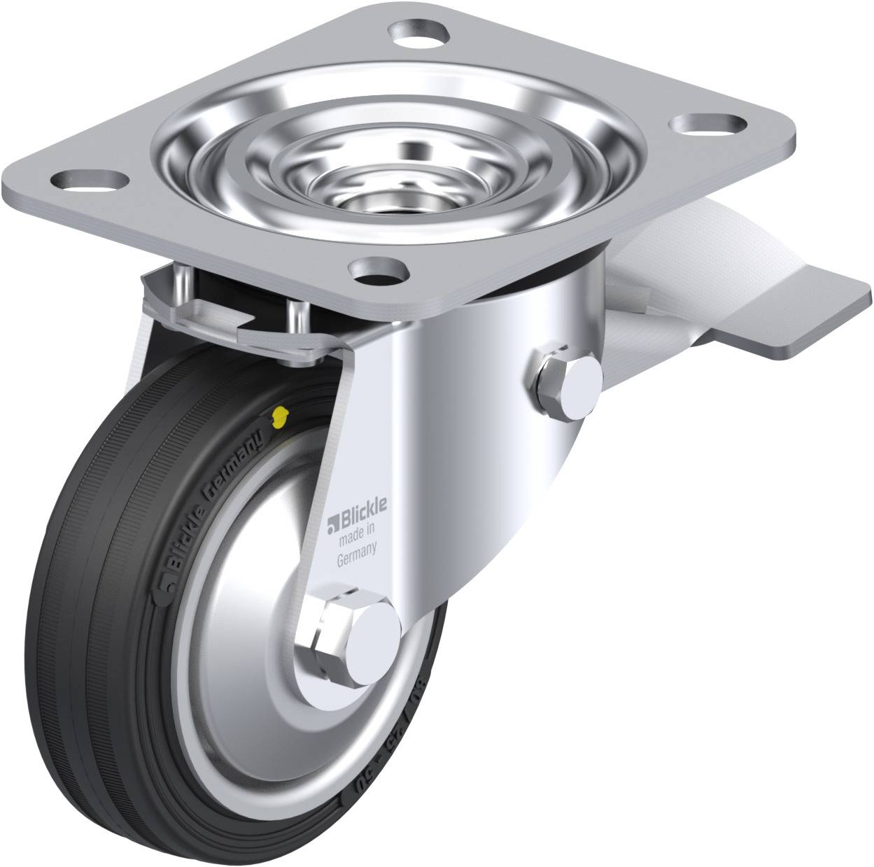 Schwenkrolle aus Metall mit schwarzem Rad und Befestigungsplatte, geeignet für Möbel und industrielle Anwendungen.