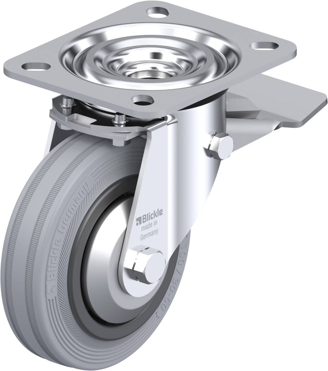 Metallisches Lenkrollenrad mit grauem Rad und Befestigungsplatte, geeignet für industrielle Anwendungen.