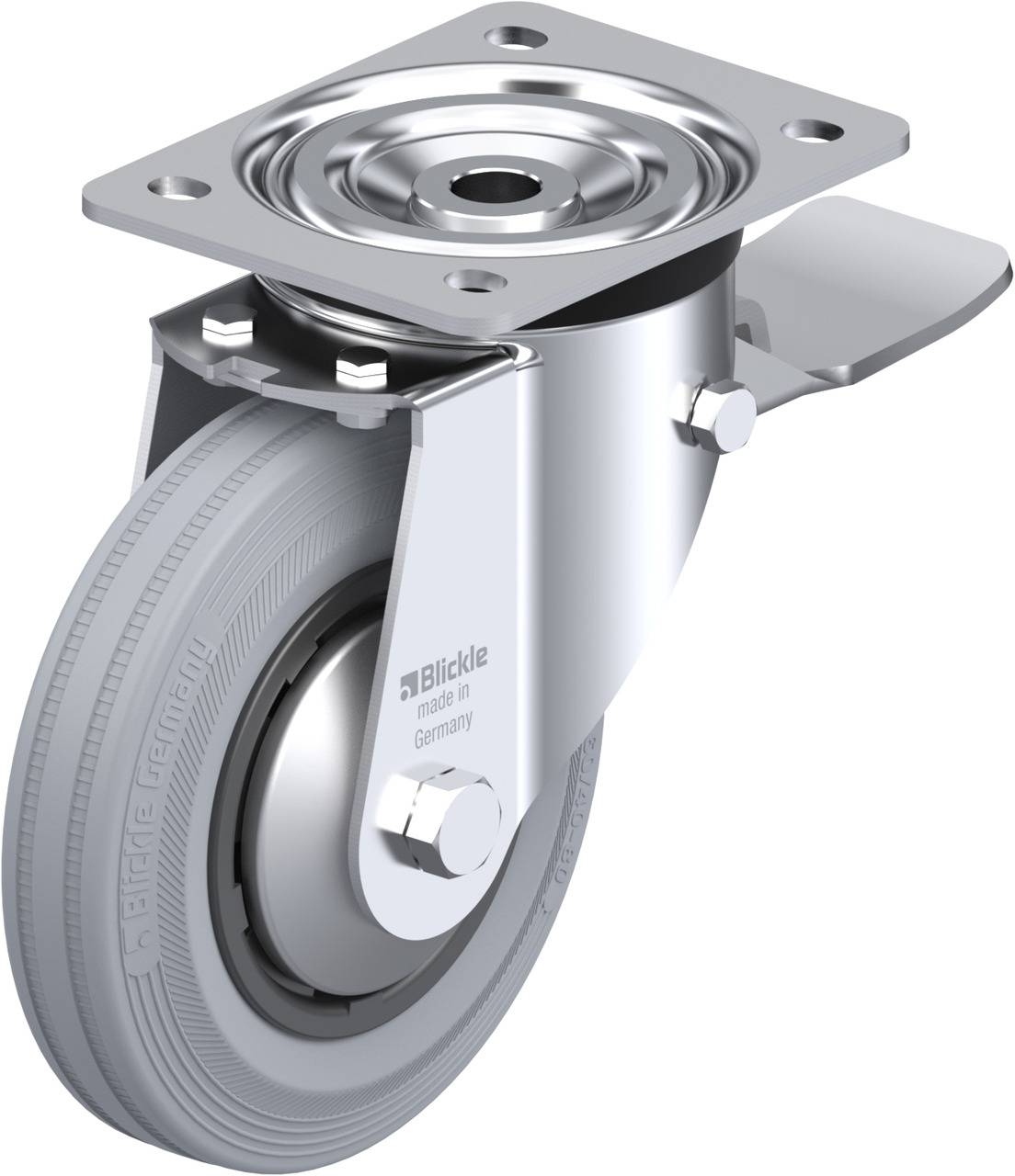Drehbares Gehäuse aus Metall mit grauem Rad.
