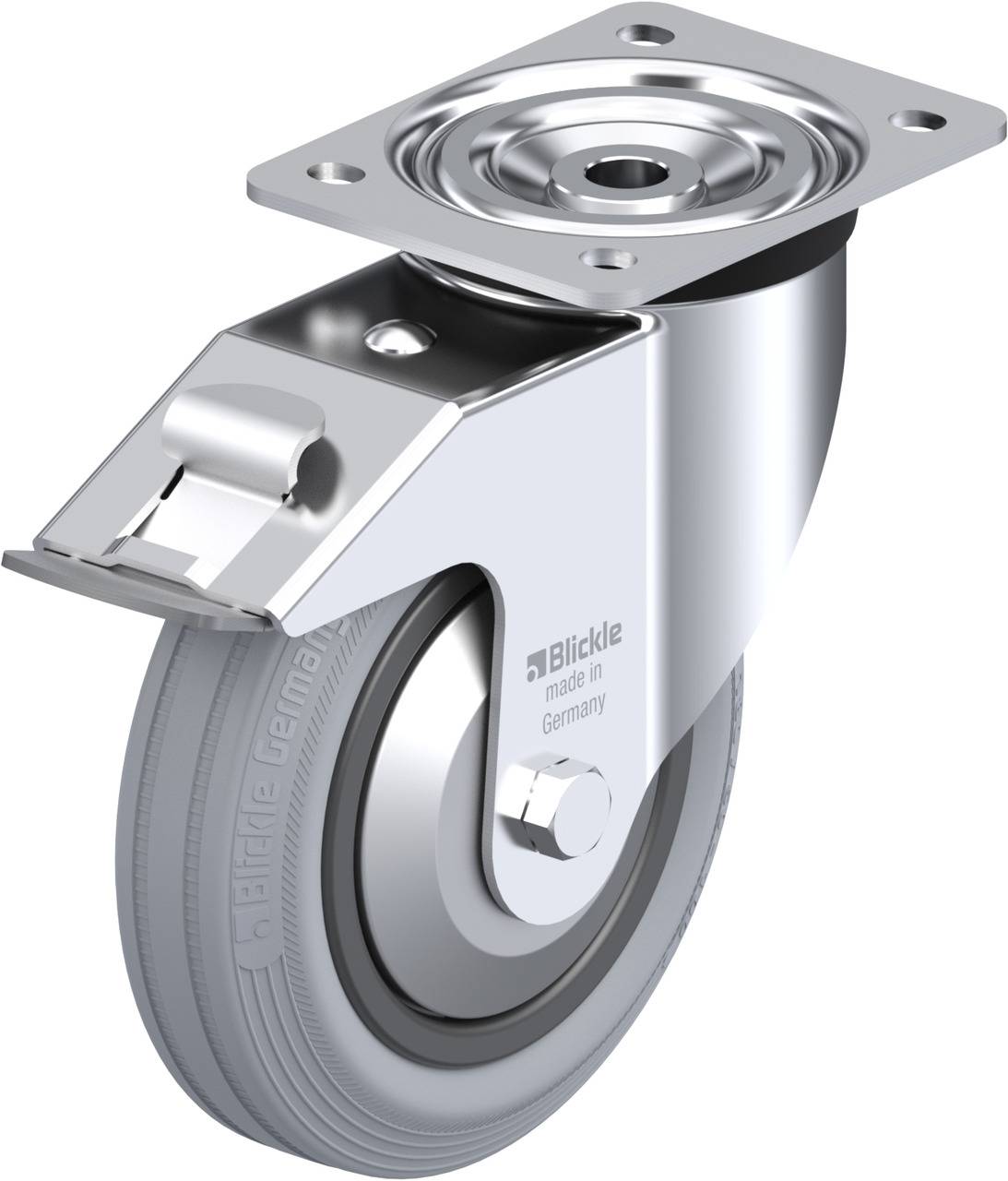 Schwenkrolle aus Metall mit grauem Rad und Befestigungsplatte, geeignet für schwere Lasten und industrielle Anwendungen.