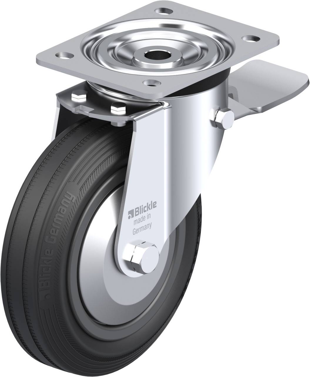 Schwenkrolle mit schwarzem Rad, Metallgehäuse und Platte zur Befestigung. Enthält seitliche Bremse. Markiert mit 'Blickle made in Germany'.