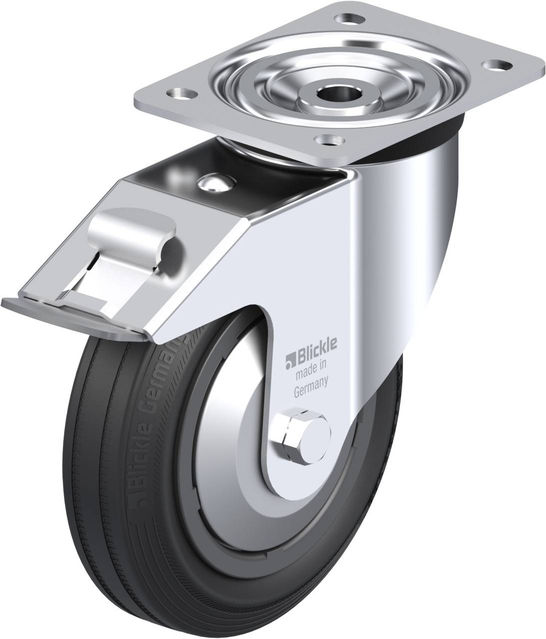 Metallisches Gehäuse mit schwarzem Rad. Das Rad hat eine obere Befestigungsplatte für die Montage. Auf der Seite steht 'Made in Germany'.