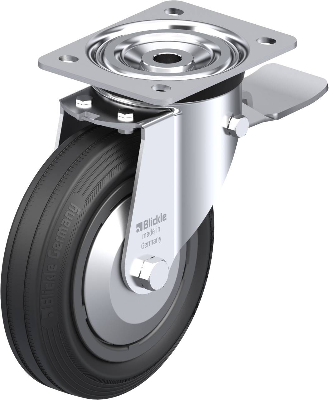 Drehbares Laufrollenrad aus Metall mit schwarzem Gummireifen, oben eine Montageplatte zur Befestigung an Möbeln oder Geräten.