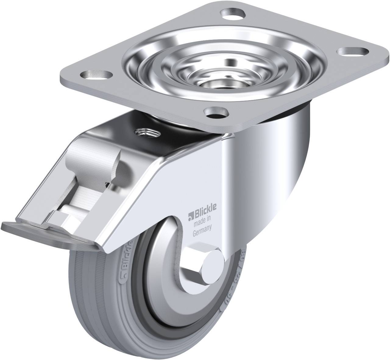 Schwenkrolle mit grauem Rad und silbernem Gehäuse, geeignet für Möbel oder Transportgeräte.