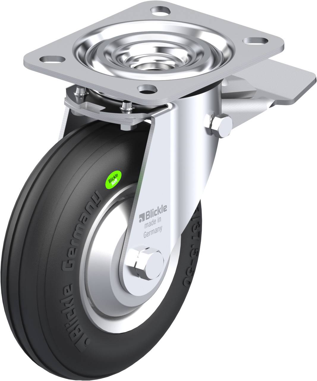 Industrielles Rad aus Edelstahl mit schwarzem Gummireifen, Flanschplatte montiert, geeignet für diverse Transportanwendungen.