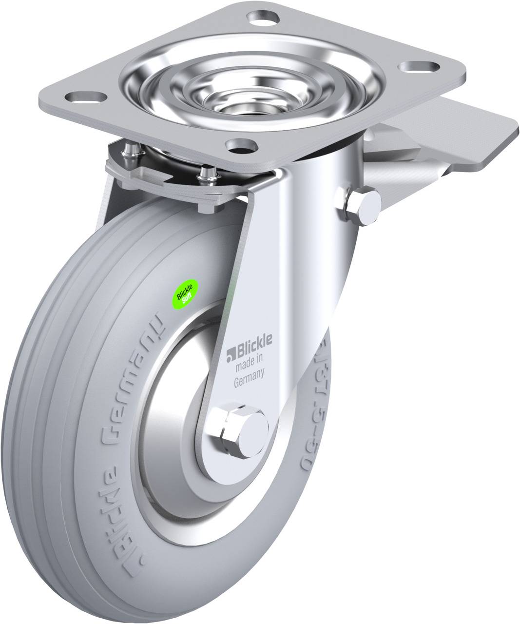 Eine silberne Lenkrolle mit grauem Gummirad und rechteckiger Befestigungsplatte, produziert von 'Blickle' in Deutschland.