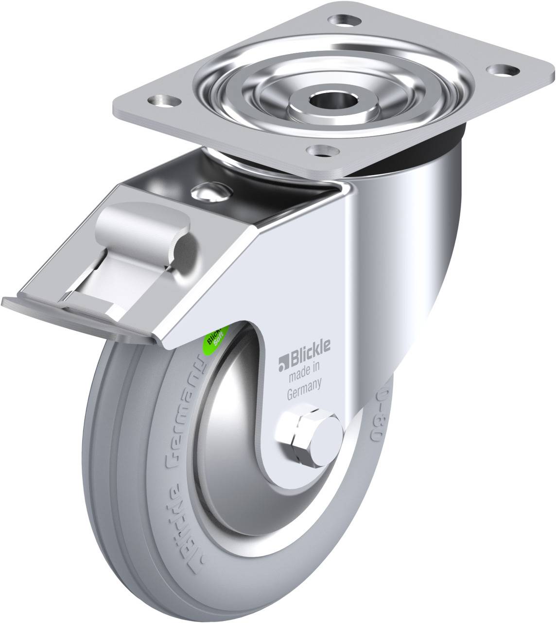 Metallisches Schwenkrollenrad mit rechteckiger Montageplatte und Bremse. Geprägt mit 'Blickle made in Germany'.