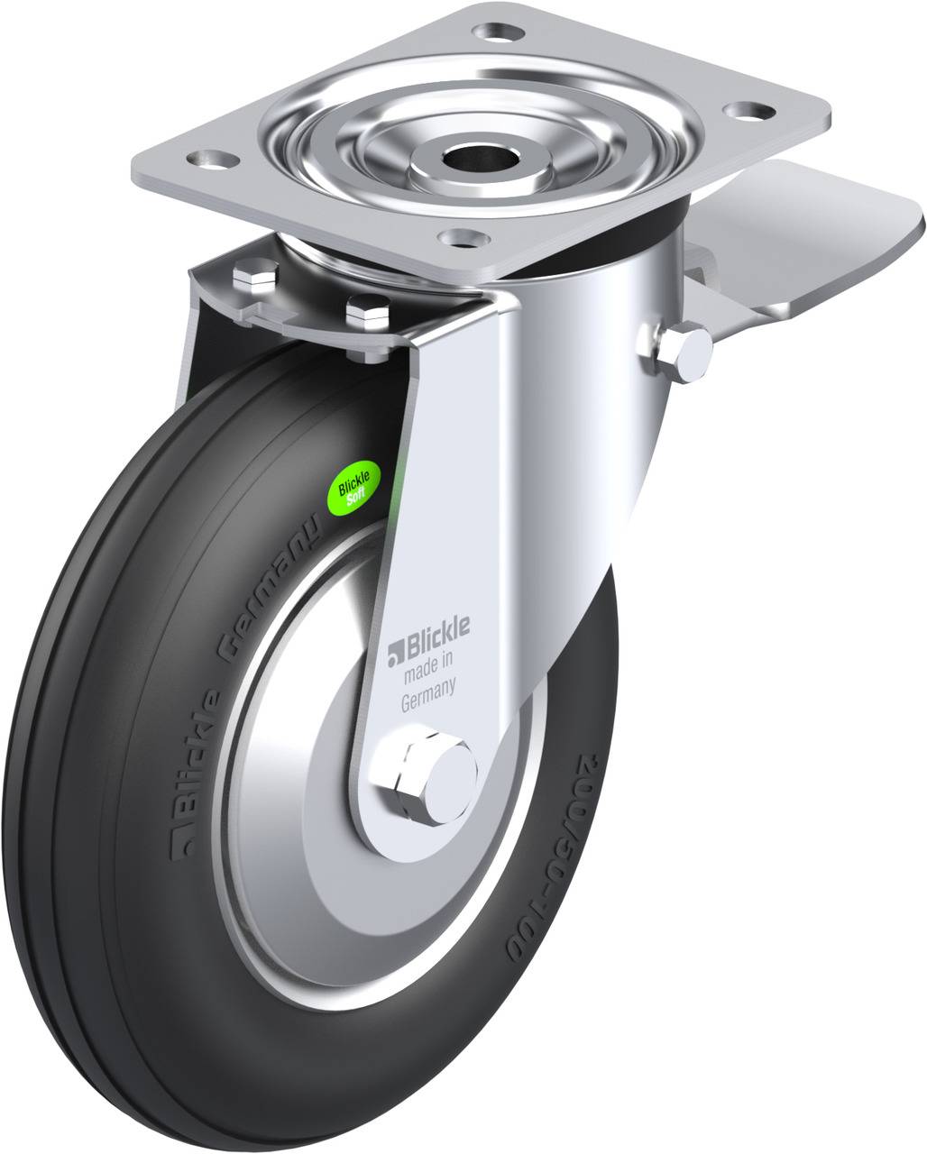 Industriewalze mit schwarzem Gummirad und Metallgehäuse, montiert auf einer quadratischen Platte; geeignet für schwere Lasten.