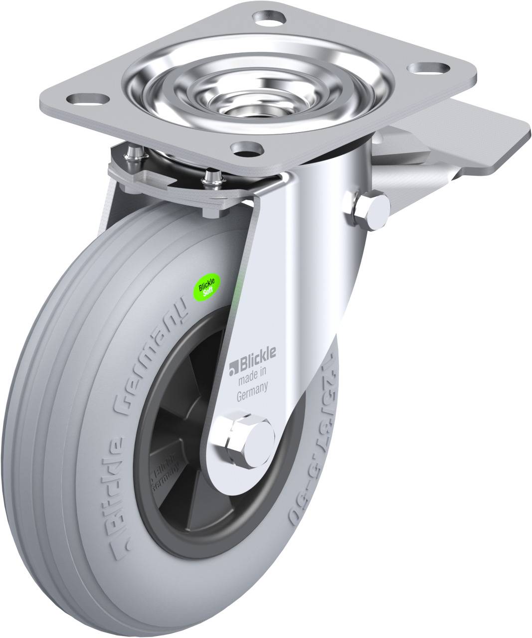 Metallschwenkrolle mit grauem Rad und Metallplatte zur Befestigung. Das Rad trägt den Aufdruck 'Blickle Made in Germany'.