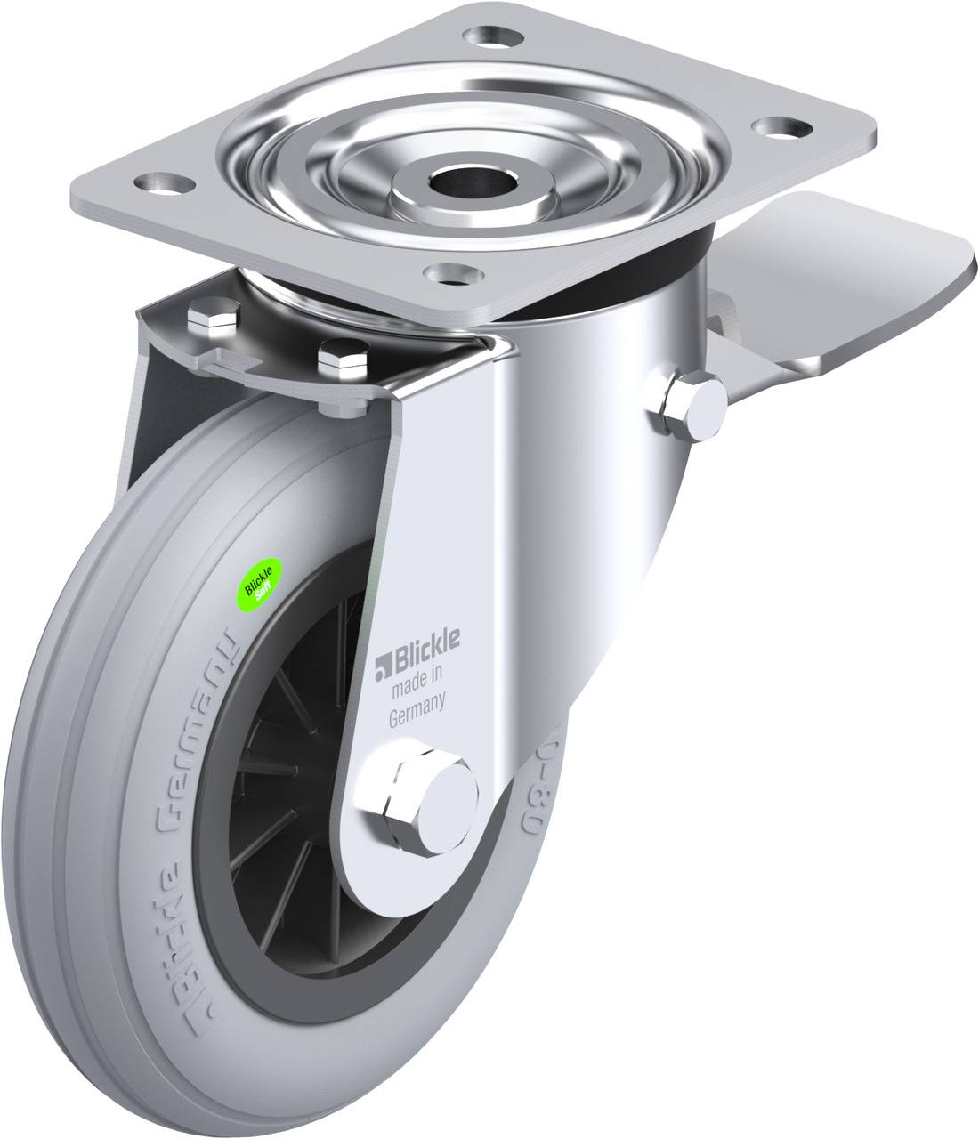Metallenes Schwenkrolle mit grauem Gummirad, silberner Halterung und rechteckiger Befestigungsplatte. Markenlogo auf dem Rad.