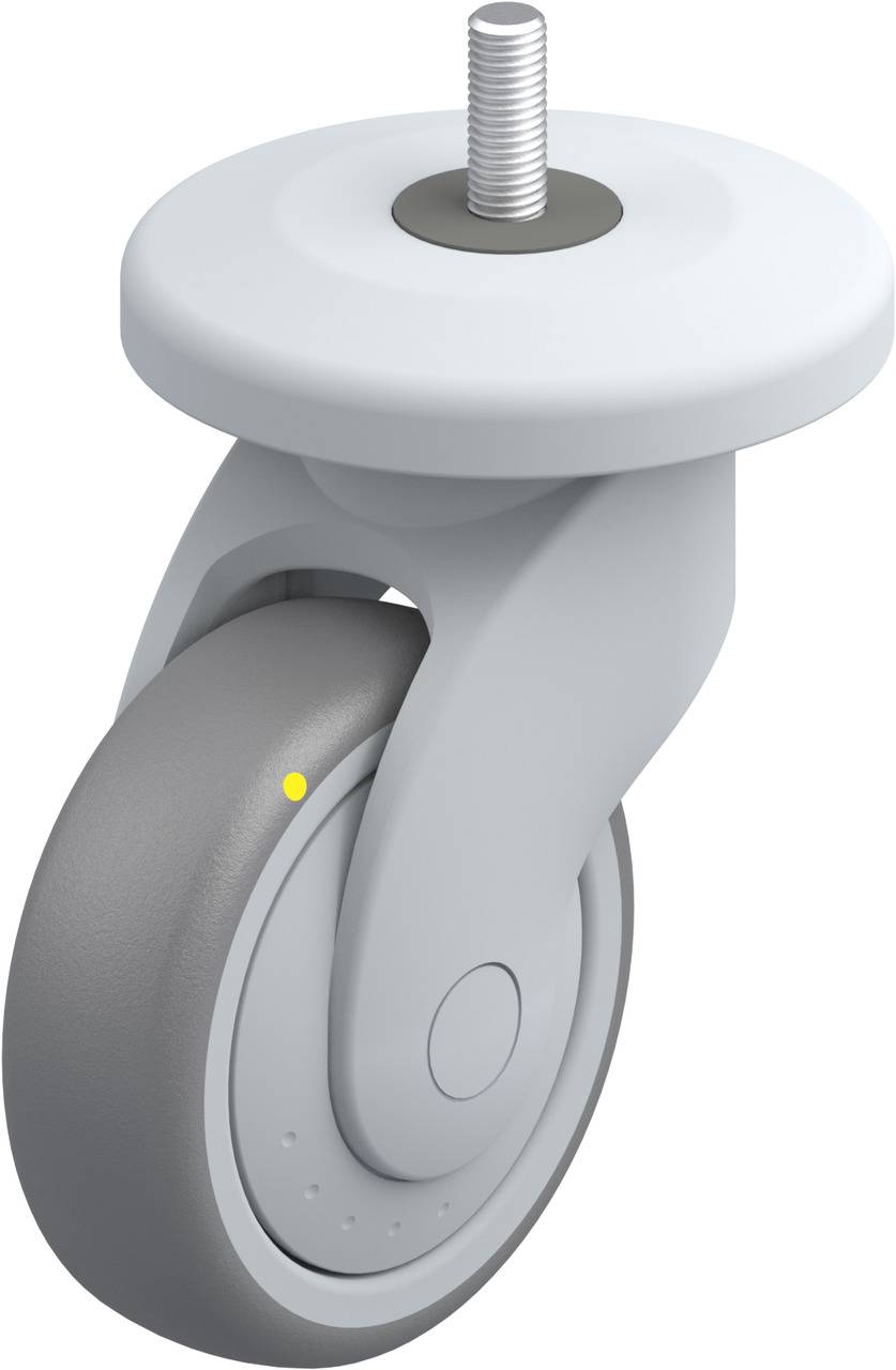 Graue Lenkrolle mit festem Gehäuse und silbernem Gewinde, geeignet für Möbel oder Geräte, bietet Mobilität und Flexibilität.