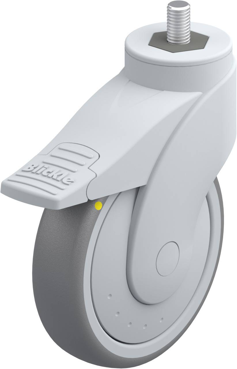 Industrie-Lenkrolle mit grauem Rad und Bremse, geeignet für schwere Lasten und vielseitige Anwendungen.