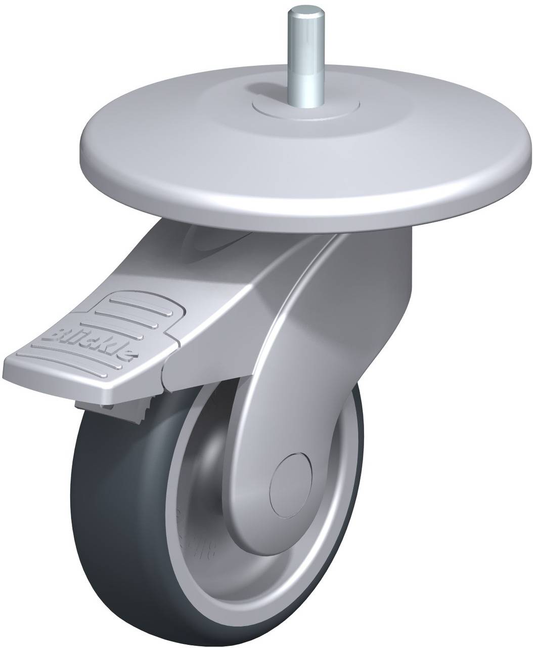 Graue Möbelrolle mit Bremse, drehbar. Geeignet für Stühle oder Möbel, robuste Konstruktion, modernes Design.