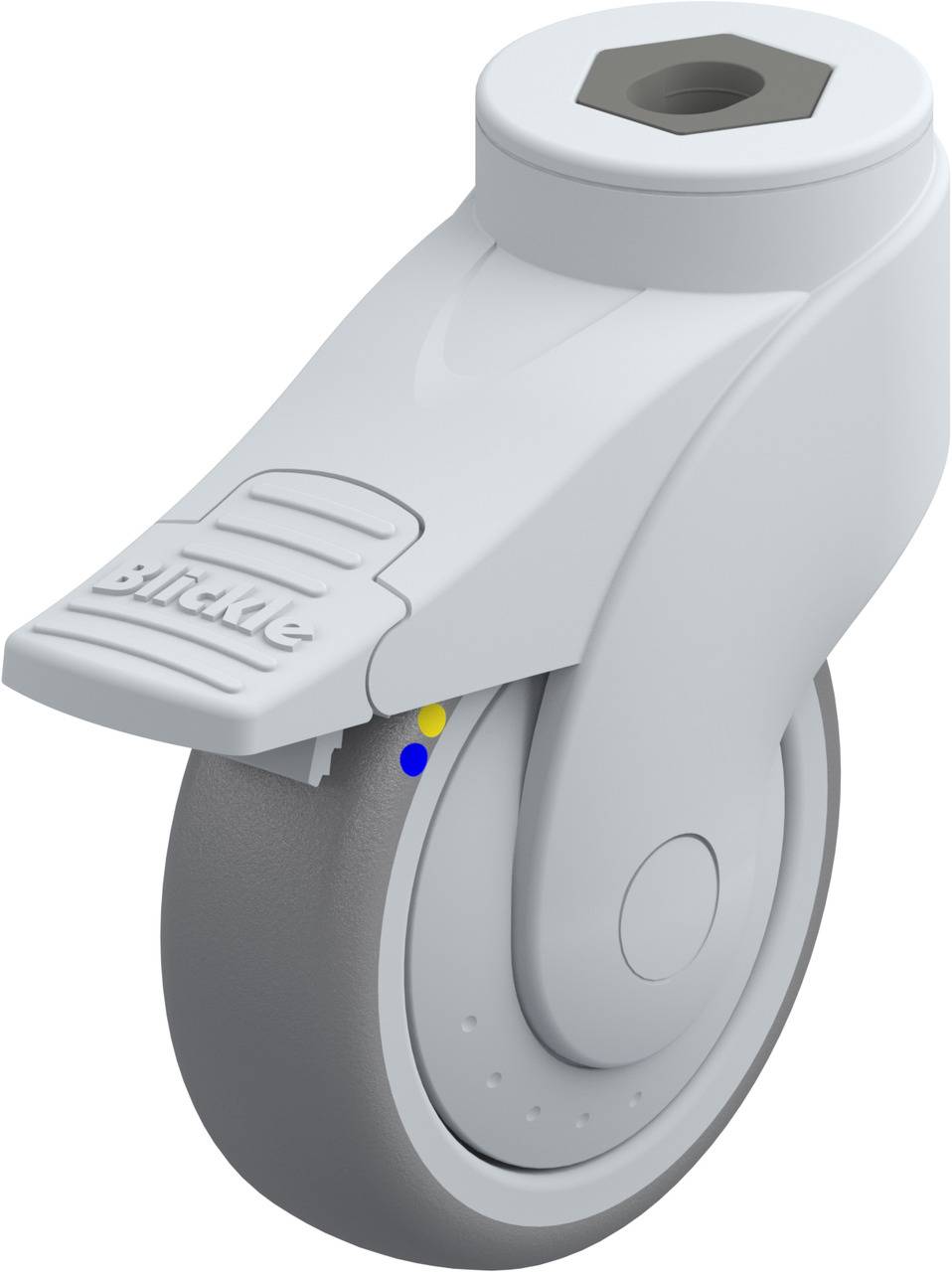 Graues Bock-Rollenrad mit weißem Gehäuse und Bremse, seitlicher Ansicht. Für Möbel oder Geräte geeignet. Spezielles Design mit hexagonalem Anschluss.