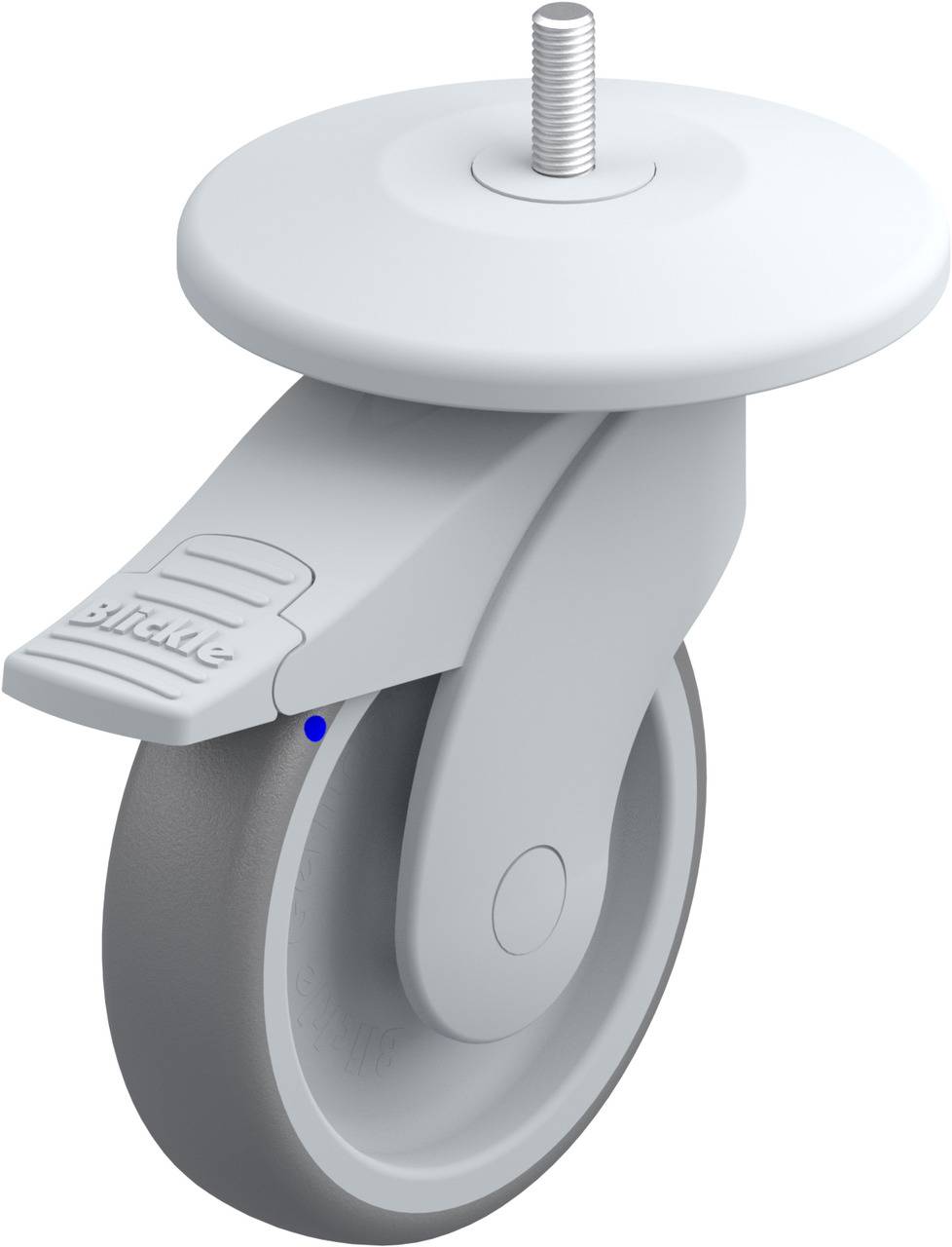 Rollenrad mit grauem Reifen und weißer Halterung, ausgestattet mit Bremse.