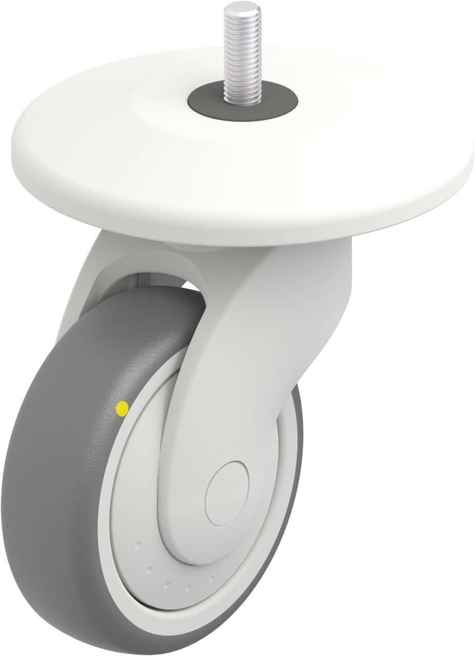 Weißes Möbelrad mit grauer Gummilauffläche und Metallgewinde oben, für einfache Befestigung an Möbeln.