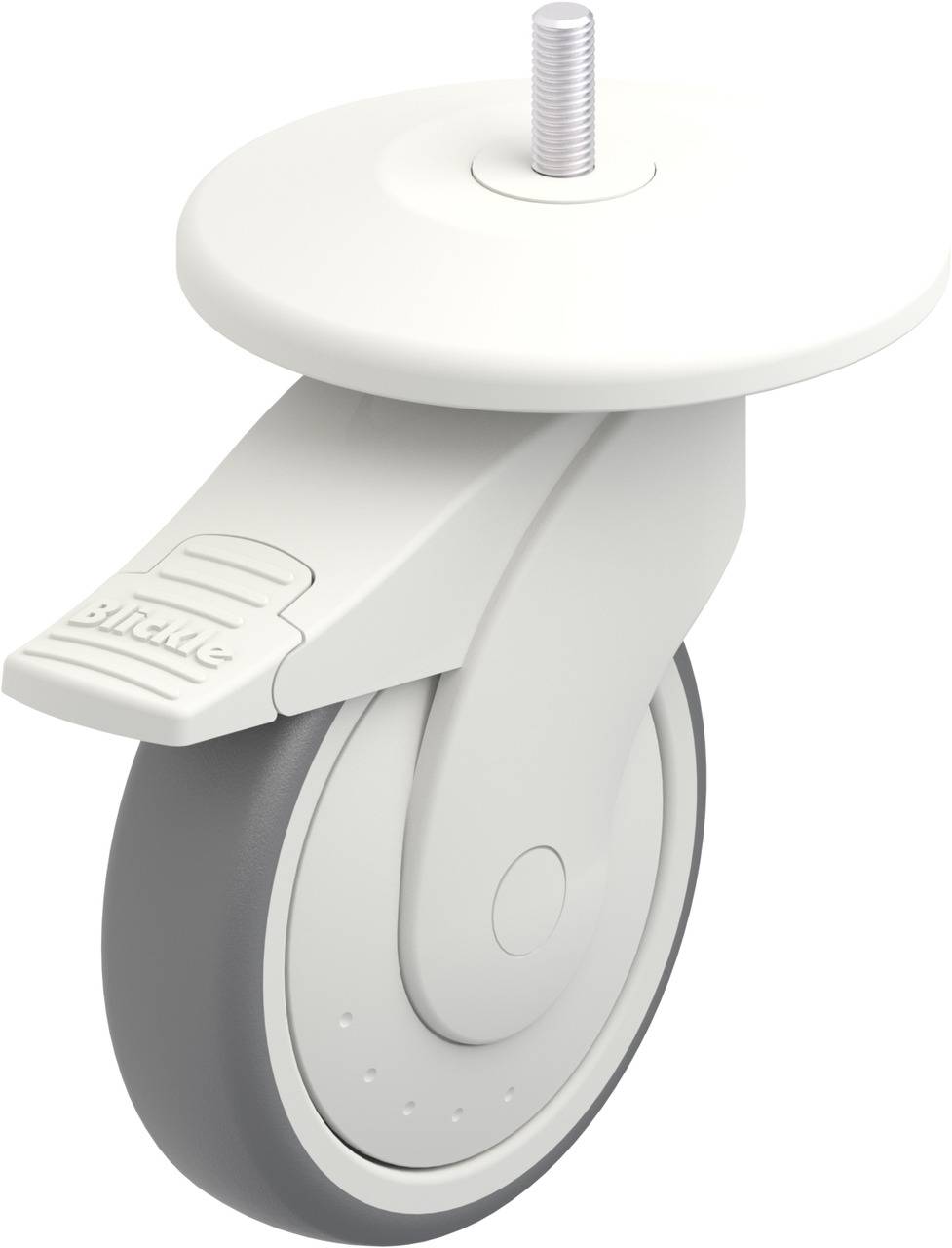 Eine weiße und graue Möbelrolle mit Befestigungsschraube, geeignet für Möbel oder Geräte, die Beweglichkeit erfordern.