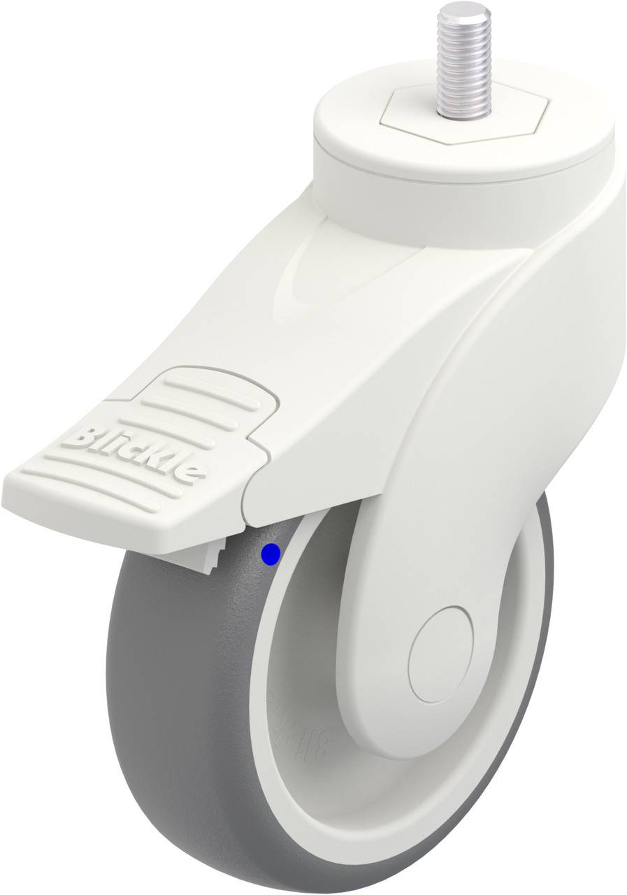 Weißes Kunststoff-Gelenk-Rad mit grauem Rad und Feststellbremse, geeignet für Möbel oder Geräte.