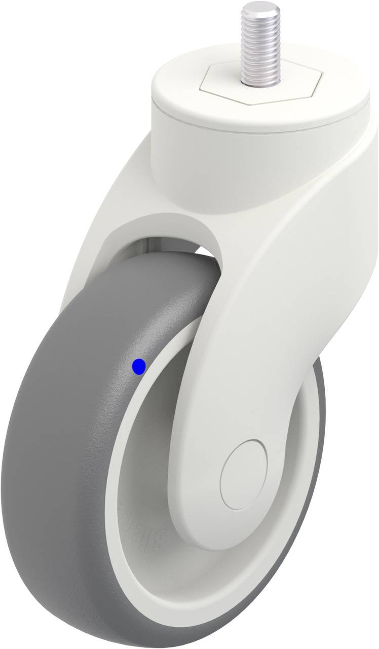 Industrie-Rollenrad mit weißem Gehäuse und grauer Gummibereifung, geeignet für Möbel oder Geräte.