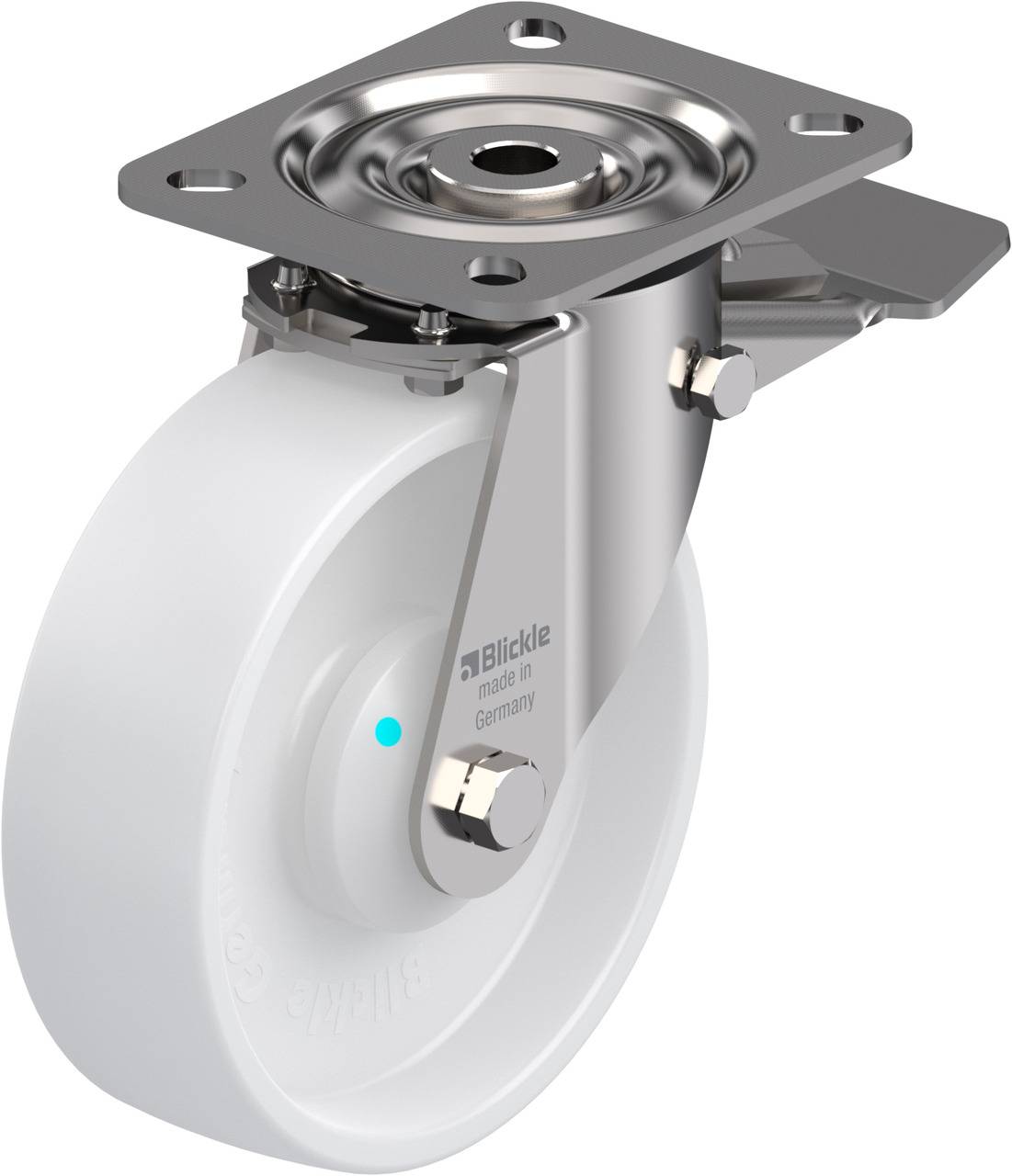 Weißes, robustes Schwenkrollenrad mit Metallhalterung, von der Marke Blickle, geeignet für industrielle Anwendungen und schwere Lasten.