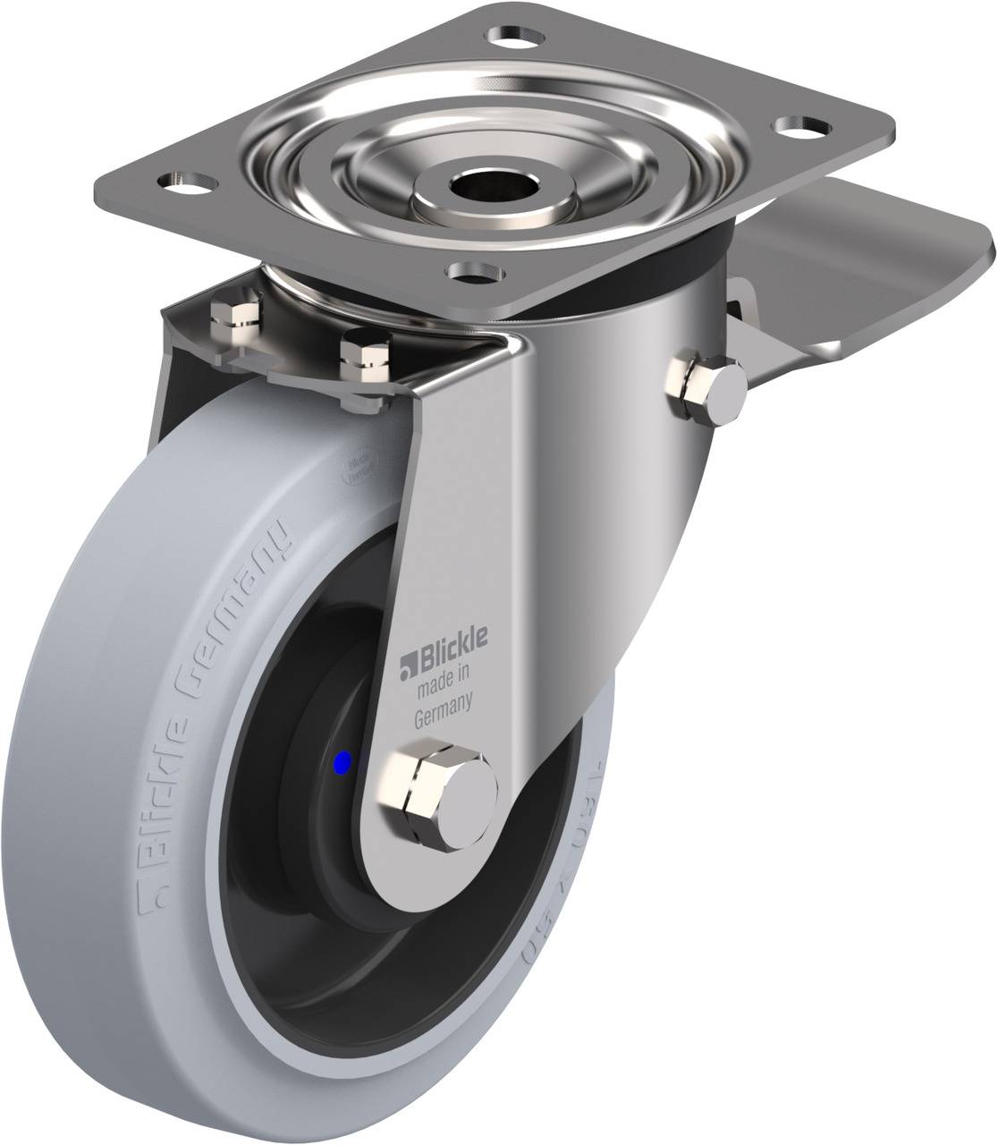 Schwenkbares Rollenrad aus Metall, geeignet für schwere Lasten. Enthält ein Kugellager für leichte Bewegung und eine Bremse.