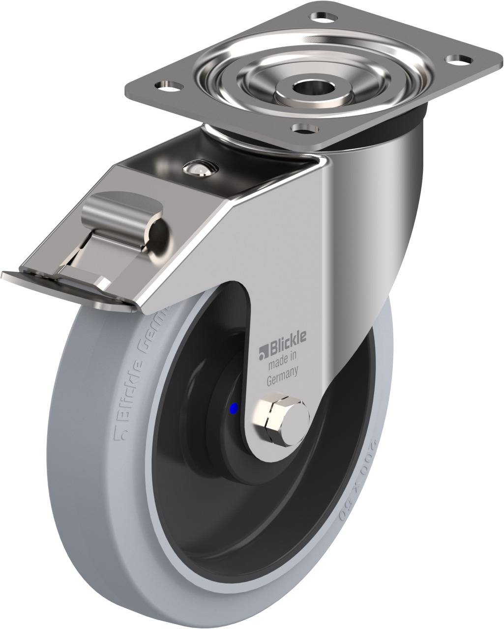 Silbernes Lenkrolle, besteht aus einem Metallgehäuse, grauem Rad mit verzinkter Oberfläche, geeignet für Möbel oder Geräte.