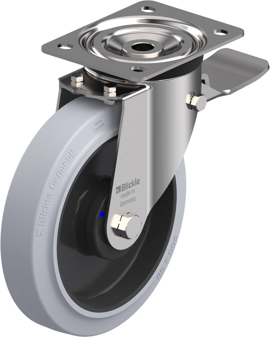 Schwenkrolle mit grauem Rad und Metallhalterung, geeignet für schwere Lasten. Montagesockel oben mit Lochungen zur Befestigung.