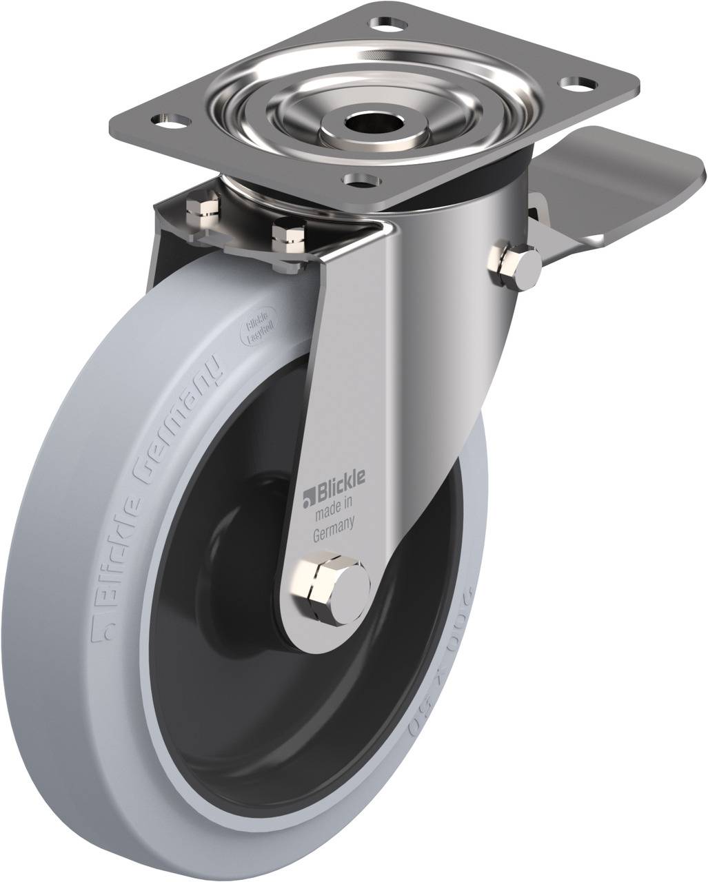 Ein drehbares Rollenrad aus Metall mit befestigter Platte und grauem Gummireifen, geeignet für Möbel oder Geräte.