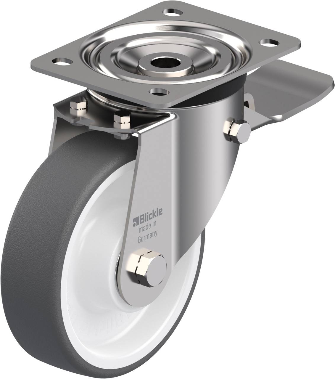 Schwenkrolle aus Metall mit grauem Rad, entwickelt für industrielle Anwendungen mit hoher Belastbarkeit.
