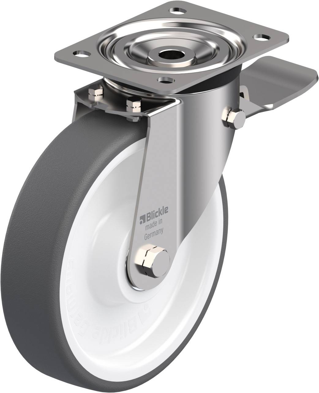 Schwenkrolle mit grauem Gummirad und Metallgestell, geeignet für Transportwagen oder Möbel. Markierung 'Blickle' auf der Flanke.