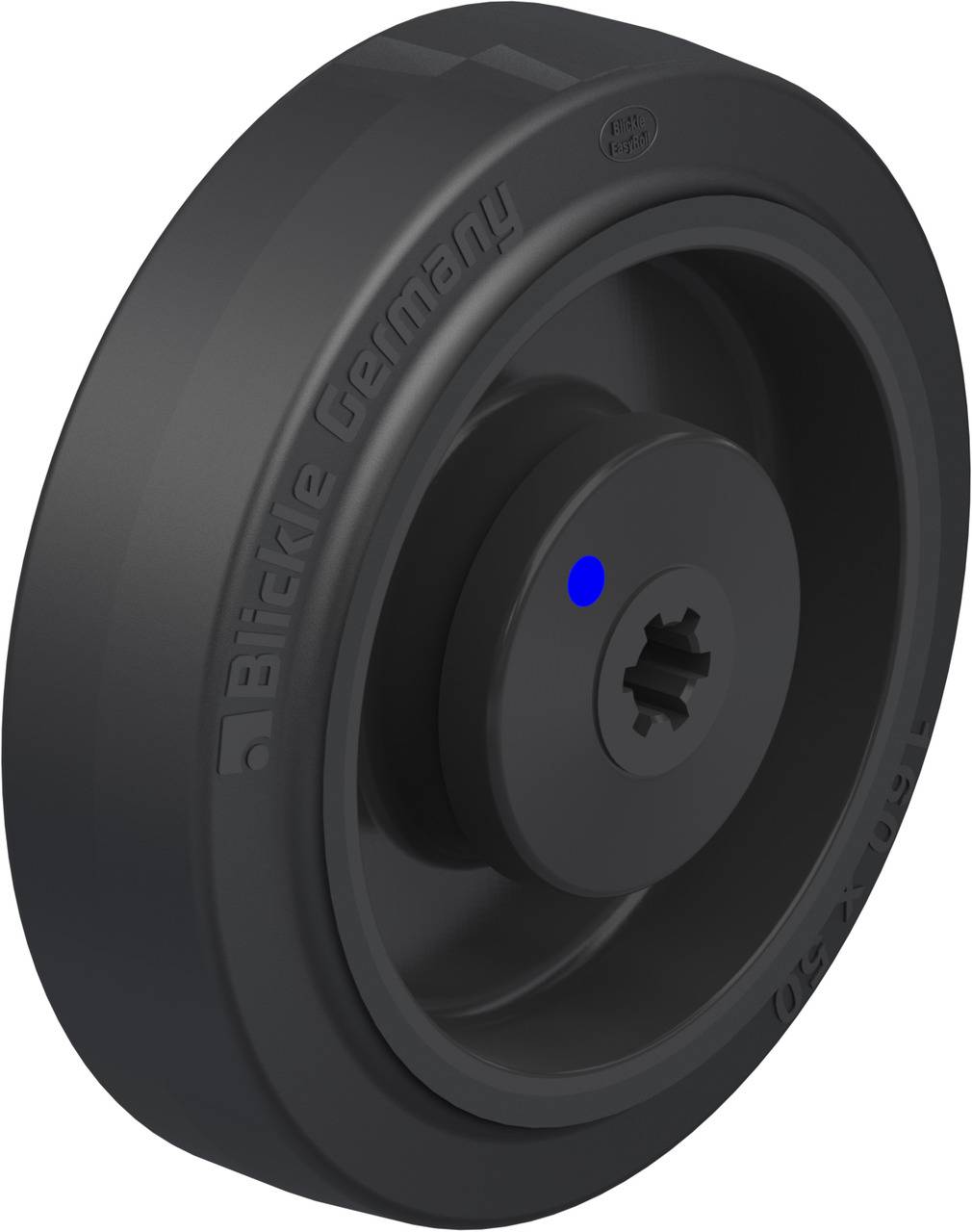 Dunkles Rad mit Prägung 'Blickle Germany', zentralem blauen Punkt auf der Achse. Mechanisches Bauteil, wahrscheinlich für Mobilität.