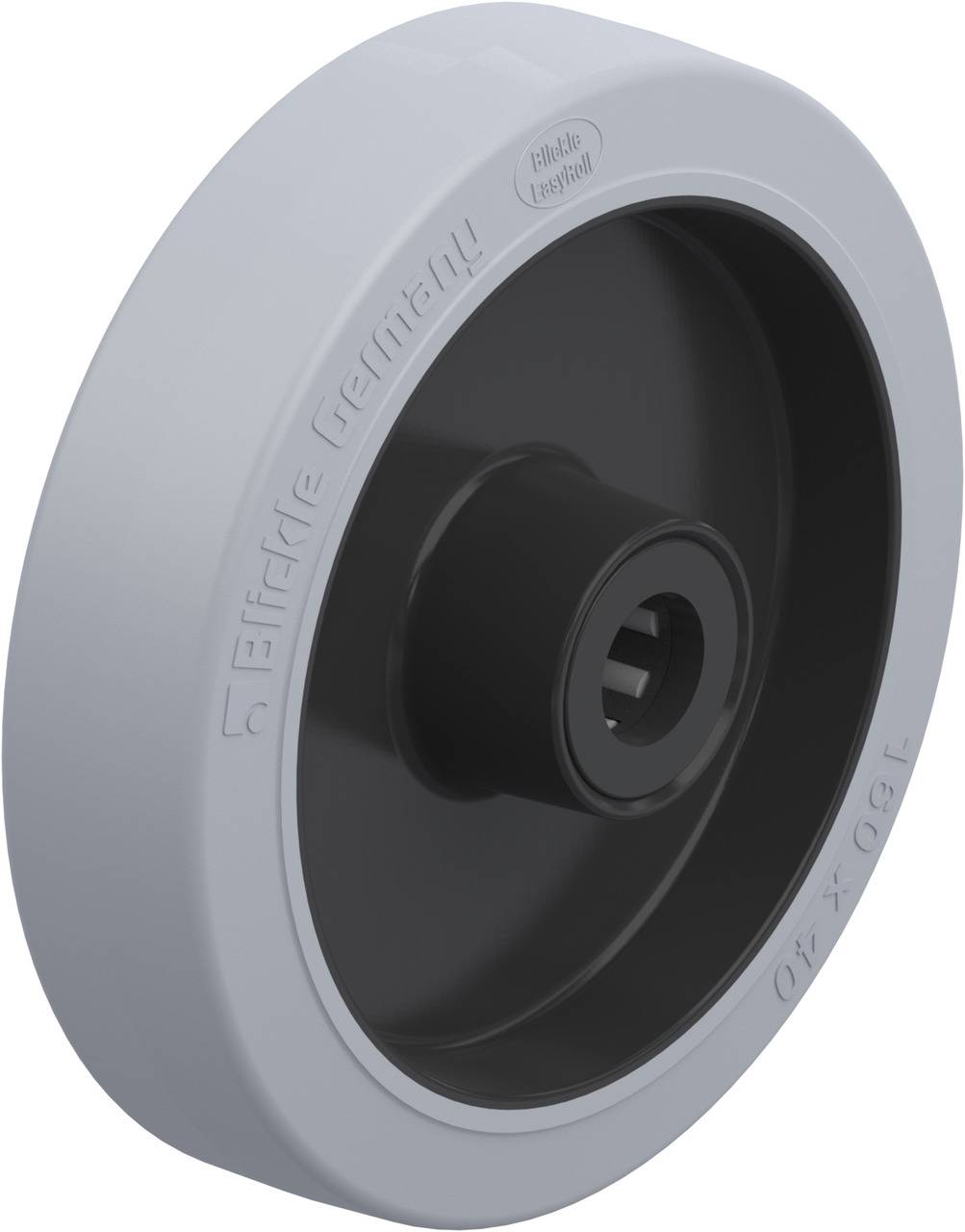 Ein graues Rad mit schwarzem Innenring und Schriftzug 'Effekte Germany' auf der Seite, möglicherweise ein Industrie- oder Möbelrad.