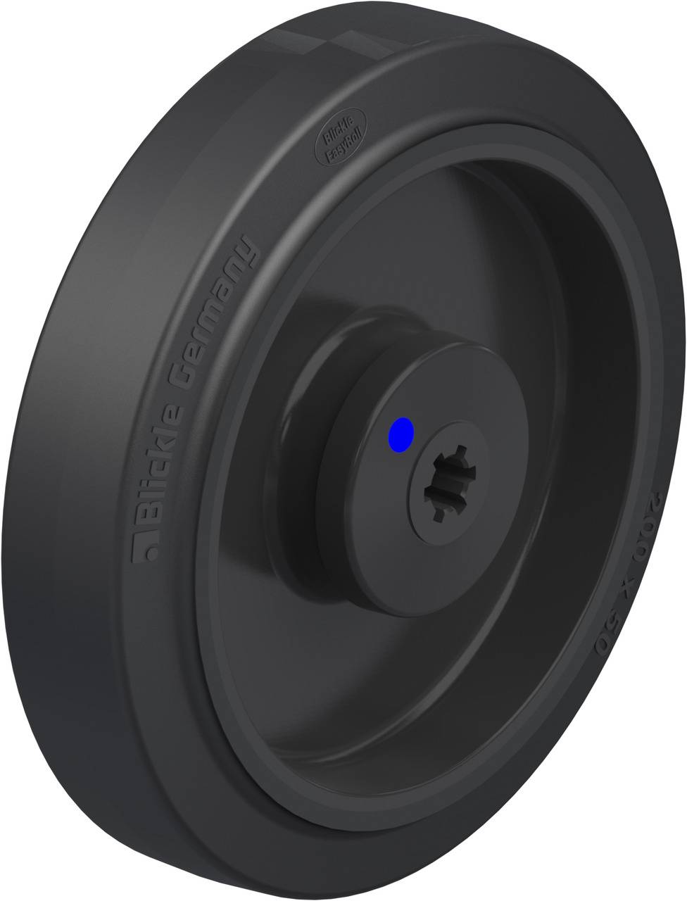 Schwarzes Kunststoffrad mit einem blauen Punkt auf der Nabe, beschriftet mit 'Blidex Germany'.