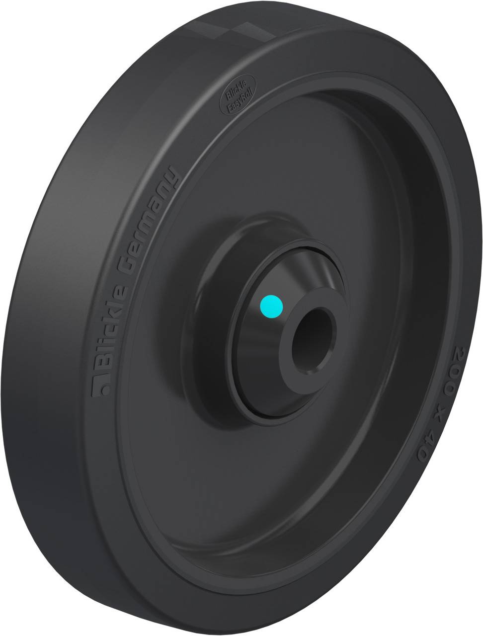 Schwarzes Rad aus Kunststoff, seitlich gezeigt. Markierung 'Blickle Germany'.