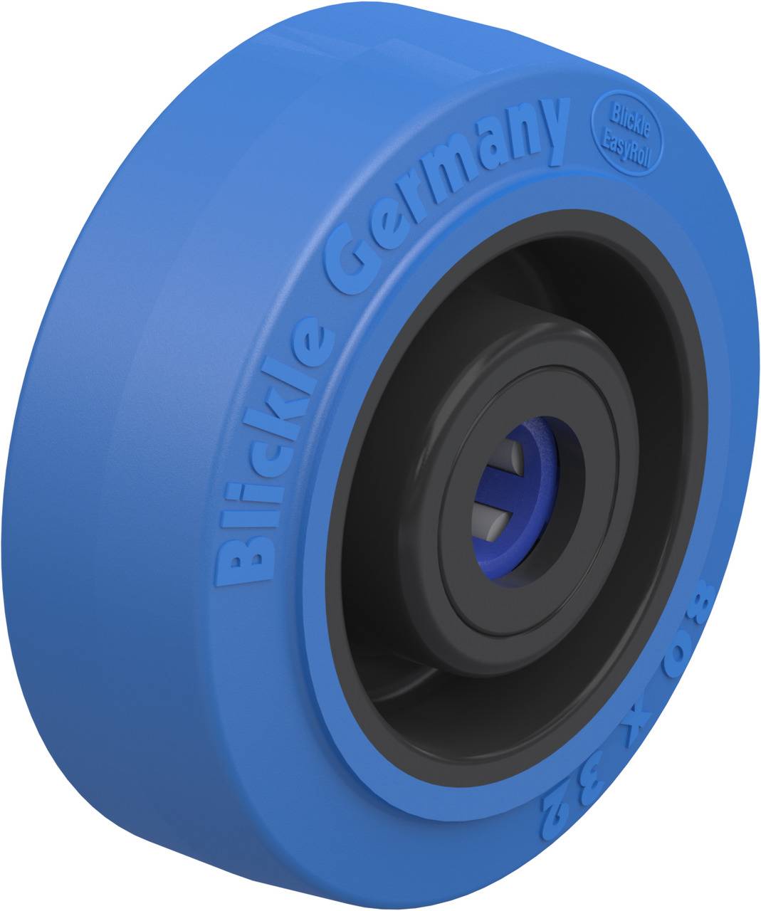 Blickle-Rad aus blauem Kunststoff, Modell 'Blickle Germany', mit schwarzem Innenring.