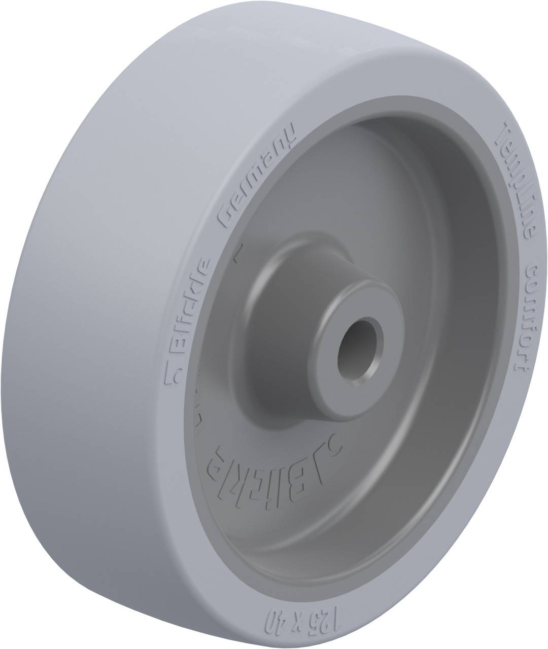 Graues Rollrad aus Kunststoff, seitlich leicht vertieft, mit Prägung. Ideal für Möbel oder Geräte, um Beweglichkeit zu ermöglichen.