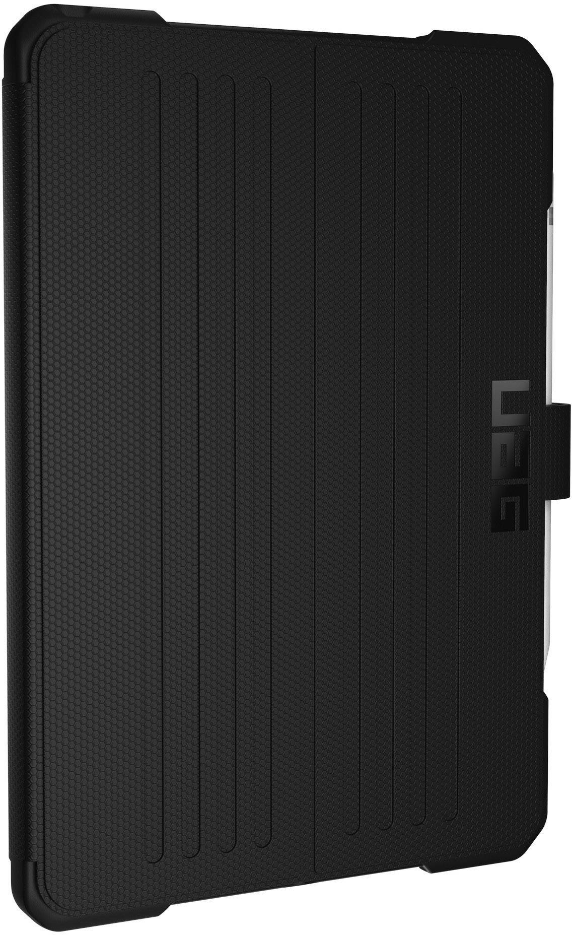 Schwarzes Tablet-Schutzetui mit strukturiertem Design und seitlicher Halterung.