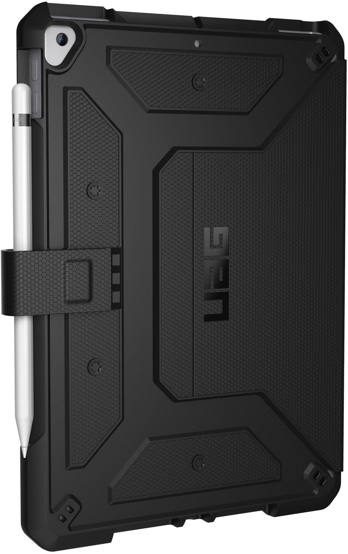 Schwarzes robustes Tablet-Case mit integriertem Stifthalter an der Seite, markantes geometrisches Design, bietet Schutz und Funktionalität.