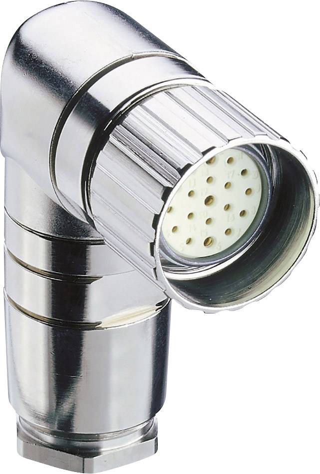 Metallischer Winkelstecker mit rundem Anschluss und mehreren Pin-Öffnungen an der Spitze, geeignet für industrielle Anwendungen.