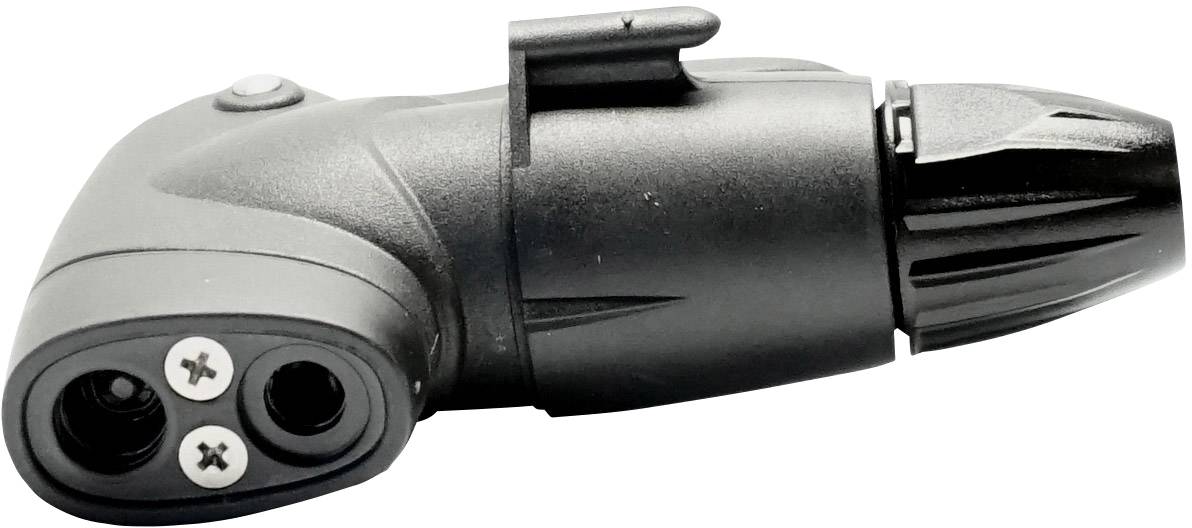 Schwarzer, rechteckiger Fahrradpumpenadapter mit zwei Schrauben und Ventillöchern.
