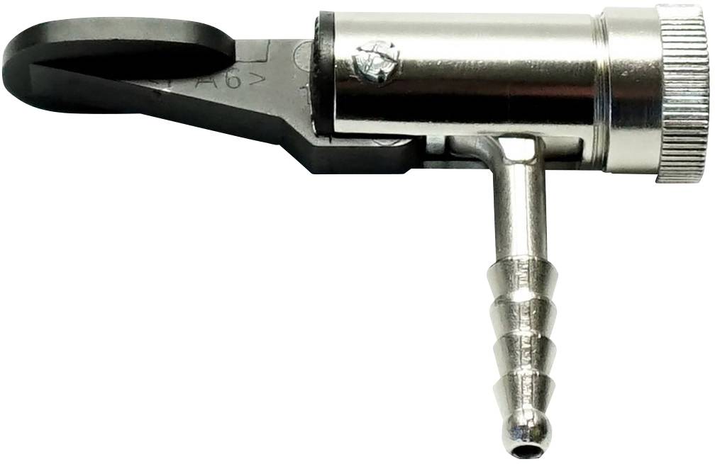 Ein metallisches, zylindrisches Ventil mit einem Hebel an der linken Seite und einer gerippten Auslassdüse darunter.