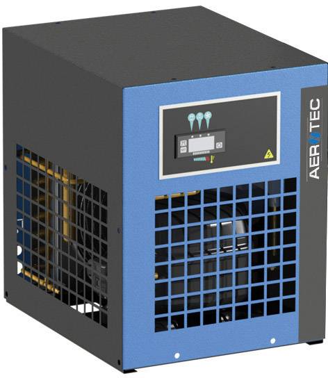 Ein blauer Kompressor mit schwarzem Gehäuse und einem digitalen Display auf der Vorderseite. Das Gerät trägt das Markenzeichen 'Aerotec'.