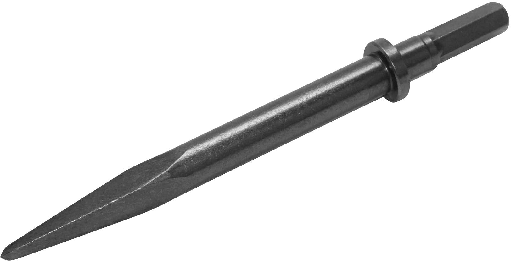 Ein spitzer Metallmeißel mit sechseckigem Schaft und ringförmigem Anschlag, geeignet für Bau- und Abbrucharbeiten.