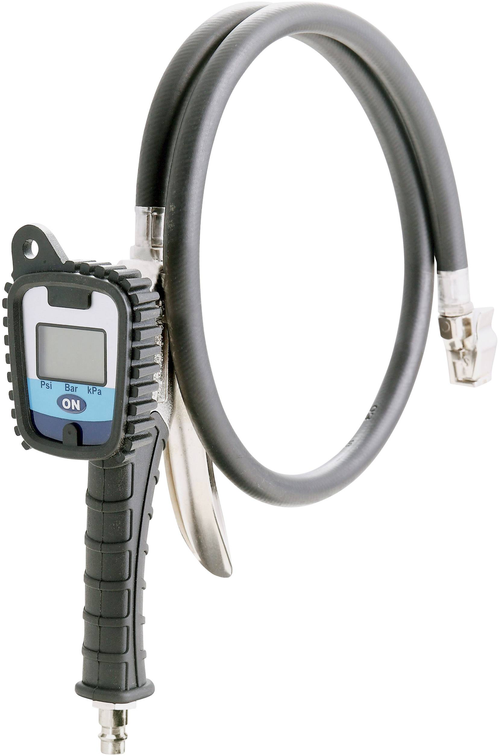 Digitales Reifendruckmessgerät mit Schlauch und Display, das Druck in Bar, PSI und kPa anzeigt. Ideal zum Messen von Reifendruck.