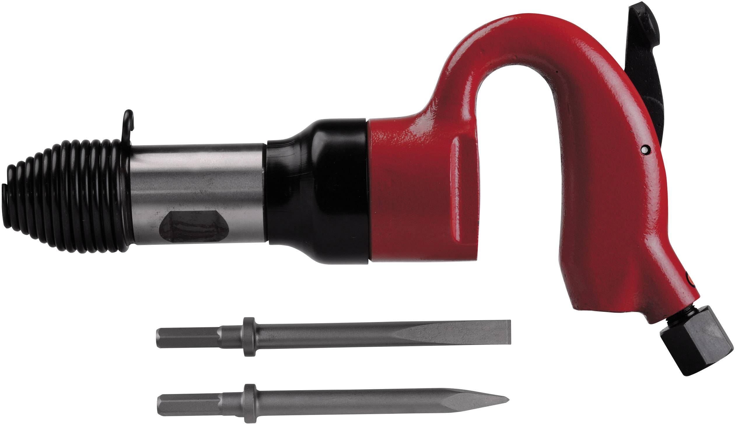 Ein rotes Druckluftmeißelwerkzeug mit zwei austauschbaren Meißelaufsätzen. Das Werkzeug dient zum Abtragen von Materialien.