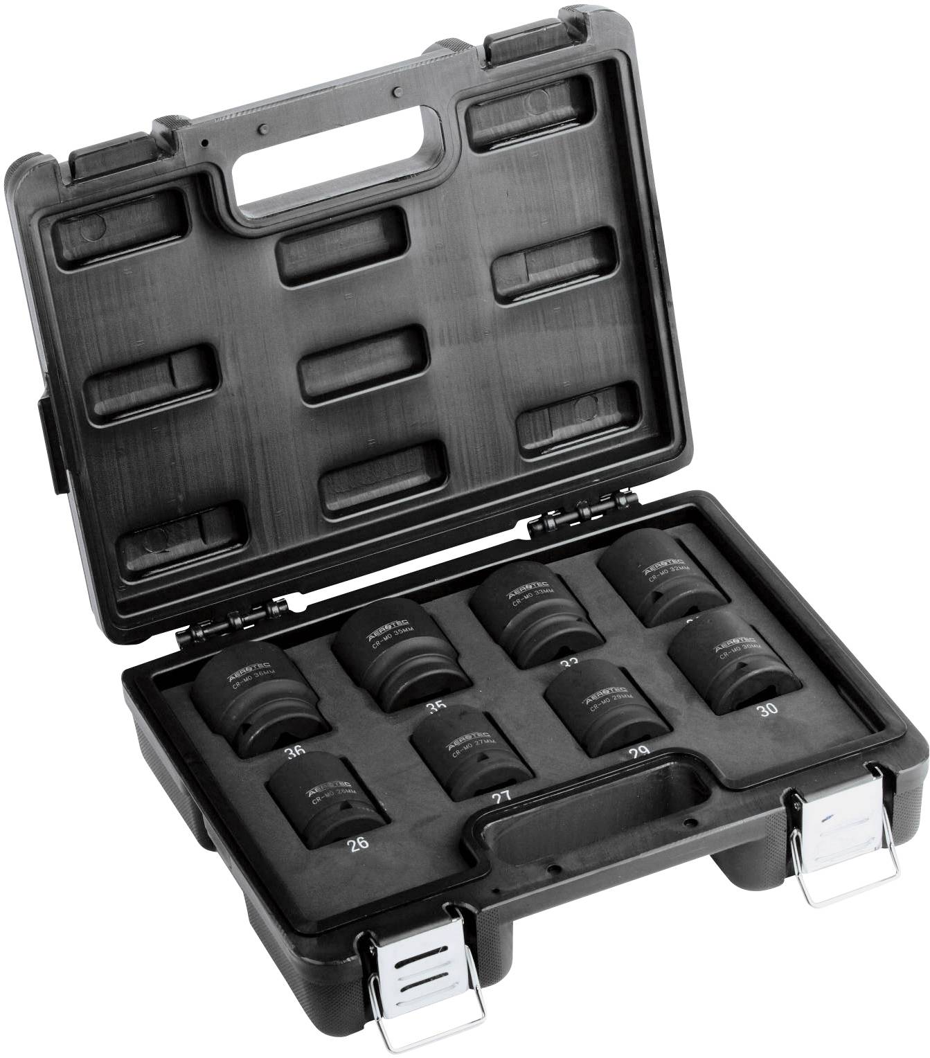 Ein offener schwarzer Koffer mit neun Steckschlüsseleinsätzen in verschiedenen Größen von 22 bis 38, ordentlich eingeordnet in Fächer.